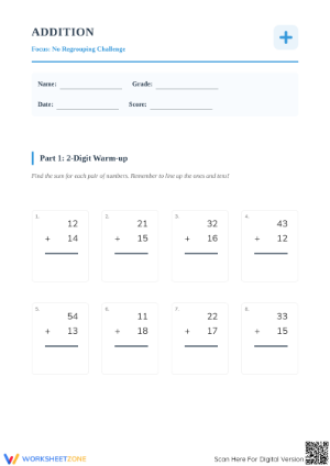 Printable Grade 2 Math Worksheet: Addition Without Regrouping