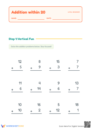 Essential Addition within 20 Worksheet | Grade 1 Math