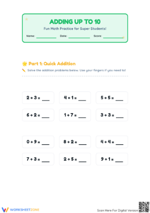 Printable Addition to 10 Worksheet | Grade 1 Math