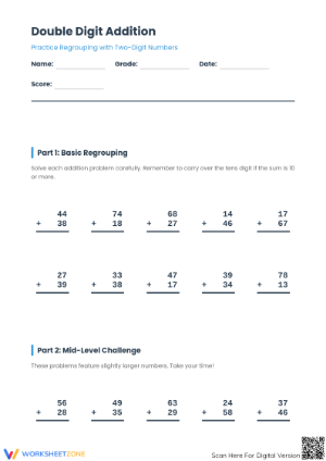 Grade 3 Double-Digit Addition — Printable No-Prep Worksheet