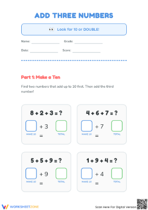 Essential Adding Three Numbers Worksheet | Grade 1 Math