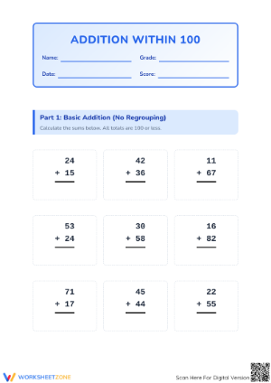 Printable Addition Within 100 Worksheet | Grade 2 Math
