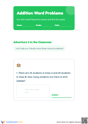 Essential Addition Word Problems Worksheet | Grade 1 Math
