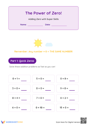 Printable Addition with Zero Worksheet | Grade K Math