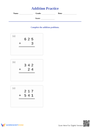 3-Digit Addition Practice | Grade 3 Printable Worksheet