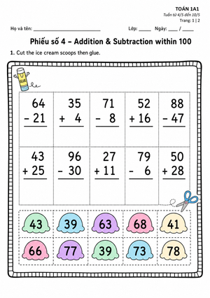 Printable Addition & Subtraction Within 100 Worksheet