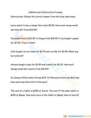 Adding and Subtracting Money Problems