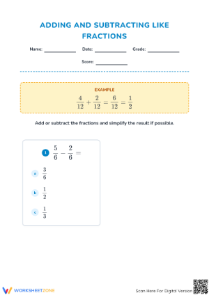 Grade 4 Like Fractions — Printable No-Prep Worksheet