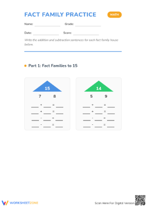 Printable Fact Families Worksheet | Grade 1 Math