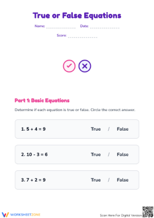 Printable True or False Equations Worksheet | Grade 2