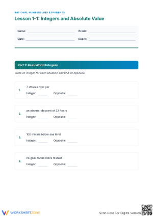 Printable Integers & Absolute Value Worksheet | Grade 6 Math