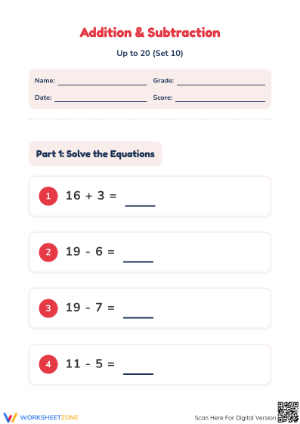 Printable Addition and Subtraction to 20 Worksheet