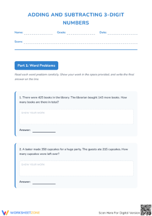 Printable 3-Digit Addition and Subtraction Word Problems