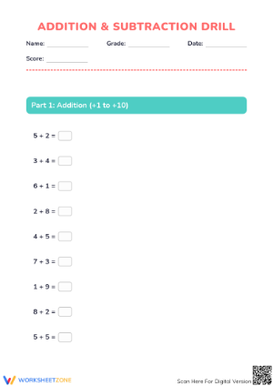 Grade 1-3 Math Drill — Printable No-Prep Worksheet