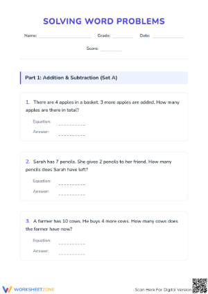 Printable Word Problems Worksheet | Grade 1 Math Addition
