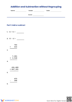 Essential Add & Subtract (No Regrouping) Grade 5/6 Worksheet