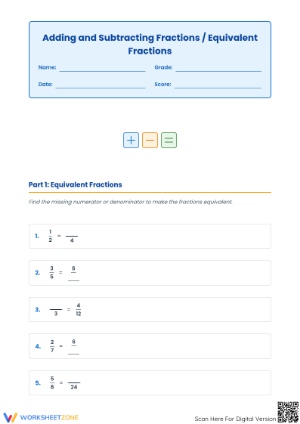 Essential Adding and Subtracting Fractions Grade 5 Worksheet