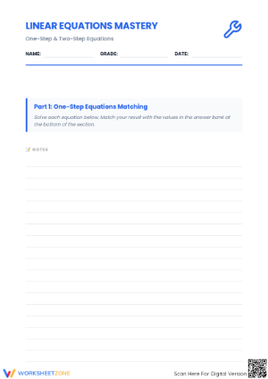 Linear Equations Mastery Worksheet | Grade 8-10 Essential