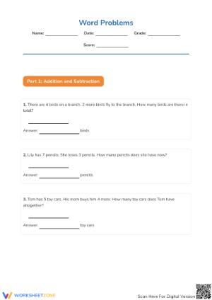 Essential Grade 1 Word Problems — Printable Math Worksheet