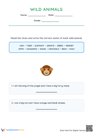 Essential Wild Animal Riddle Worksheet | Grade 1 Ready