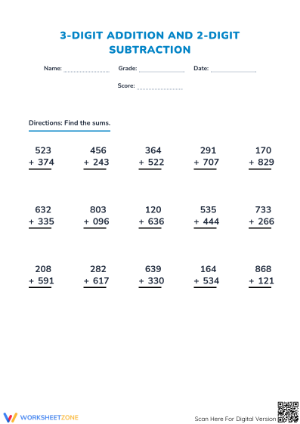 Printable 3-Digit Addition and 2-Digit Subtraction Worksheet
