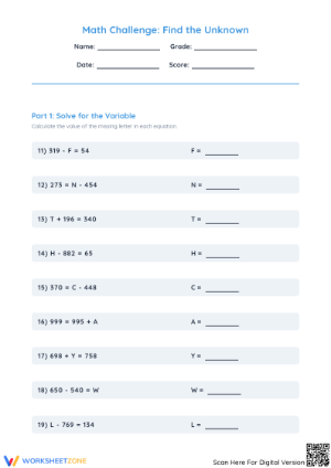Essential Variable Equations Worksheet | Grade 4 Math