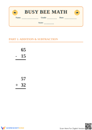 Printable Grade 2 Addition and Subtraction Math Worksheet