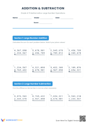 Essential Large Number Addition and Subtraction Worksheet