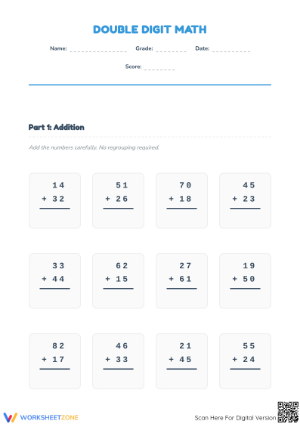 Grade 2 Double Digit Math — Printable No-Prep Worksheet