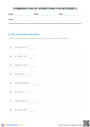 Essential Integer Operations Worksheet: BODMAS Mastery