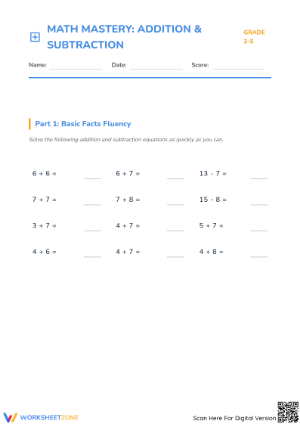 Essential Addition & Subtraction Facts Worksheet | Grade 3-5