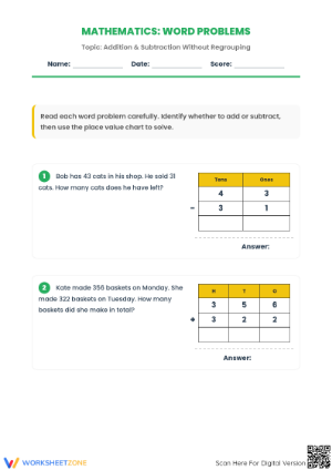 Word Problems Without Regrouping: Essential Math Sheet