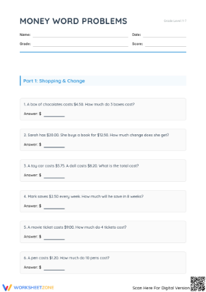 Essential Money Word Problems Worksheet | Grades 2-4 Ready