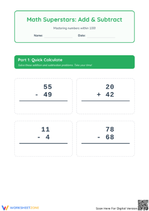 Printable Addition and Subtraction within 100 Worksheet