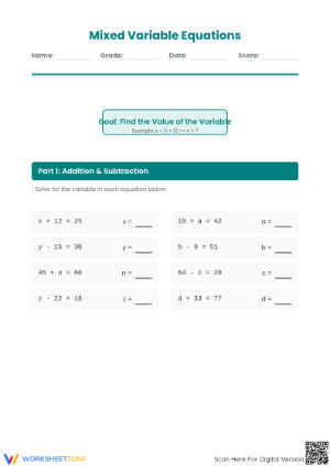 Mixed Find the Variable Worksheet | Grade 3 Printable