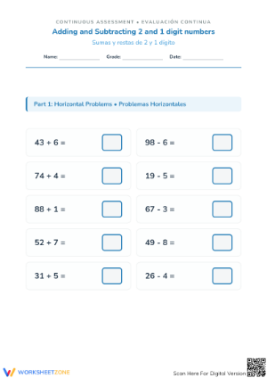Printable 2 and 1 Digit Addition and Subtraction Worksheet