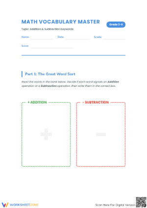 Essential Math Vocabulary Worksheet: Addition & Subtraction