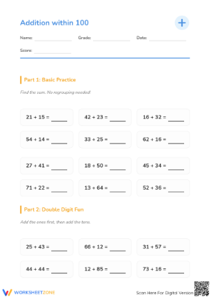 Grade 1-2 Addition within 100 — Essential No-Prep Worksheet