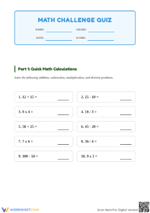 Printable Math Challenge Quiz: Grade 2 & 3 Review
