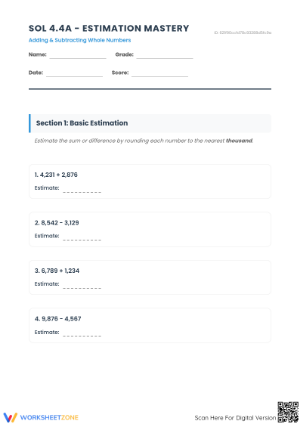 Printable SOL 4.4a Worksheet: Estimation Mastery Grade 4