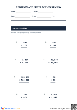 Printable Addition & Subtraction Review Worksheet | Grade 4