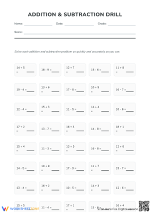 Essential Add and Subtract within 20 Drill — Grade 2 Math