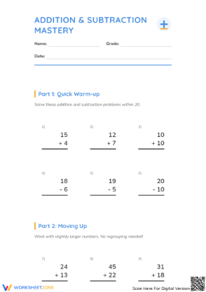 Printable Grade 2 Addition and Subtraction Mastery Worksheet