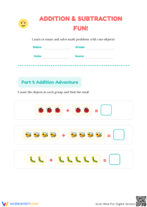 Printable Addition and Subtraction with Objects — Grade K-1