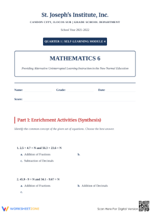 Printable Decimal Addition & Subtraction Worksheet | Grade 6