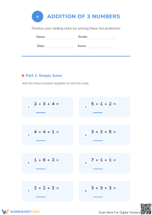 Printable Addition of 3 Numbers Worksheet | Grade 1-2