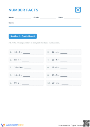 Printable Number Facts Worksheet | Grades 2-4 Math