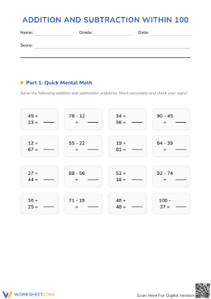 Essential Addition and Subtraction within 100 Worksheet