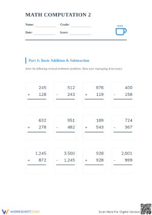 Printable Math Computation 2 Assessment | Grade 4 Aligned