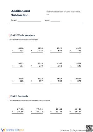 Essential Grade 6 Addition and Subtraction Worksheet